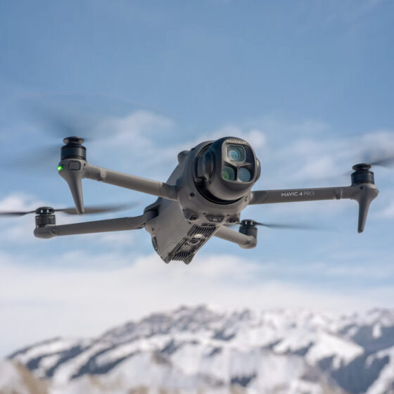 Photo of a medium sized drone. It's the DJI Mavic 4 Pro of award winning aerial filmmaker Dronographer.